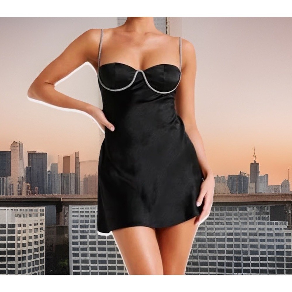 Meshki Mini Dress Elora Satin Diamante Trim Underbust Black Embellished Sz M NWT